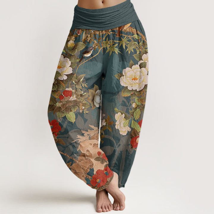 Pantaloni harem elastici in vita da donna Buddha Stones, fiori di peonia casual, foglie e gazza - Verde acqua - US22, UK/AU26, EU54 (6XL) - image 0