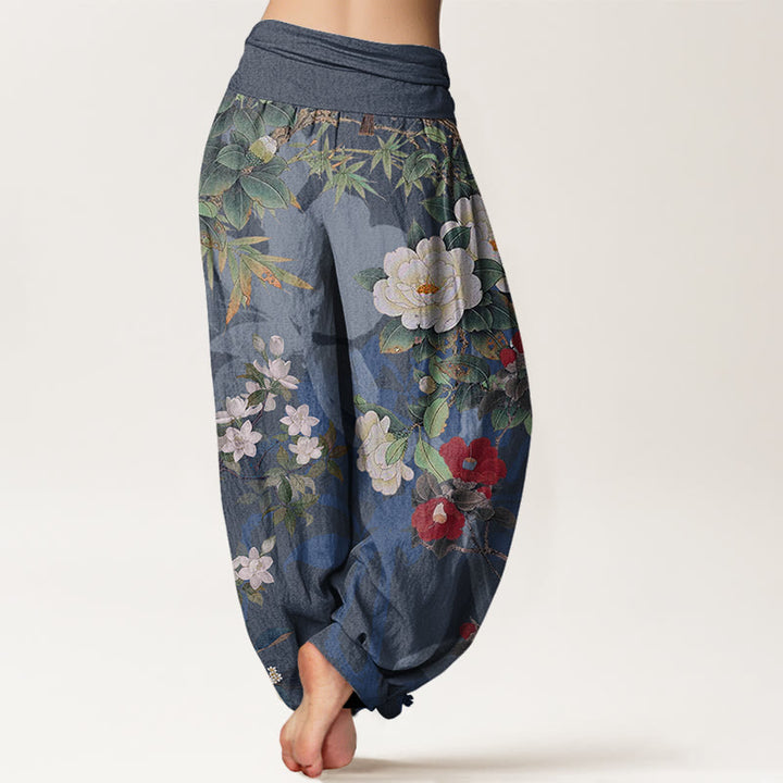Pantaloni harem elastici in vita da donna Buddha Stones, fiori di peonia casual, foglie e gazza - image 10