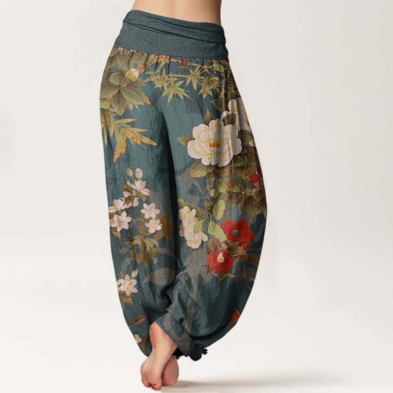 Pantaloni harem elastici in vita da donna Buddha Stones, fiori di peonia casual, foglie e gazza - image 3