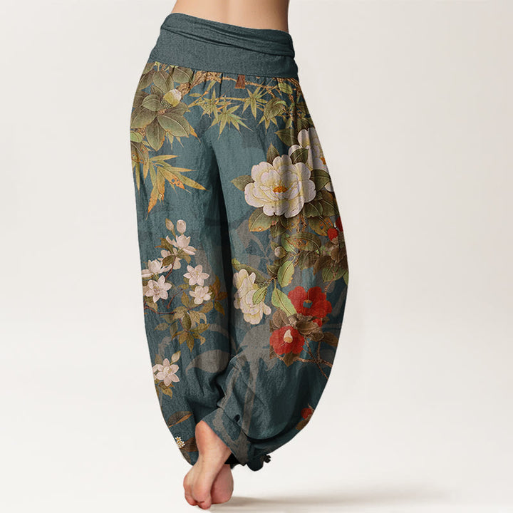 Pantaloni harem elastici in vita da donna Buddha Stones, fiori di peonia casual, foglie e gazza - image 3