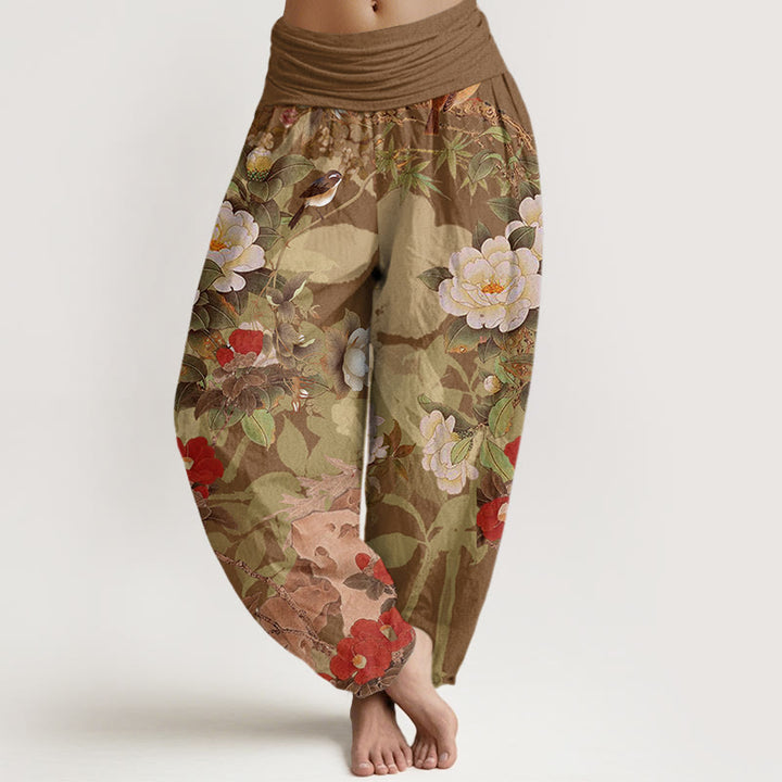 Pantaloni harem elastici in vita da donna Buddha Stones, fiori di peonia casual, foglie e gazza - DarkGoldenrod - US22, UK/AU26, EU54 (6XL) - image 5