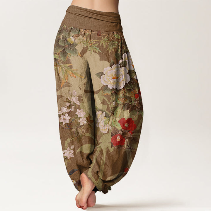 Pantaloni harem elastici in vita da donna Buddha Stones, fiori di peonia casual, foglie e gazza - image 7