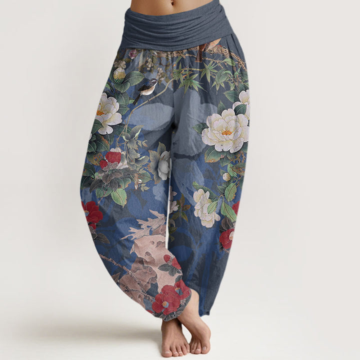 Pantaloni harem elastici in vita da donna Buddha Stones, fiori di peonia casual, foglie e gazza - SteelBlue - US22, UK/AU26, EU54 (6XL) - image 8