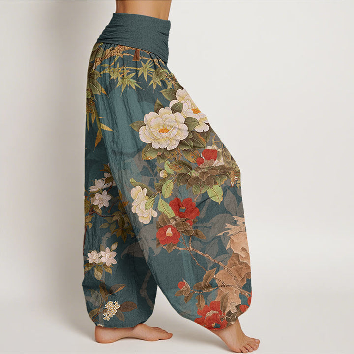 Pantaloni harem elastici in vita da donna Buddha Stones, fiori di peonia casual, foglie e gazza - image 2