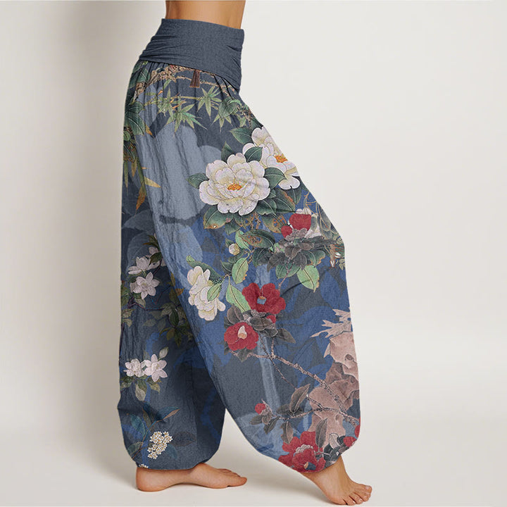 Pantaloni harem elastici in vita da donna Buddha Stones, fiori di peonia casual, foglie e gazza - image 8