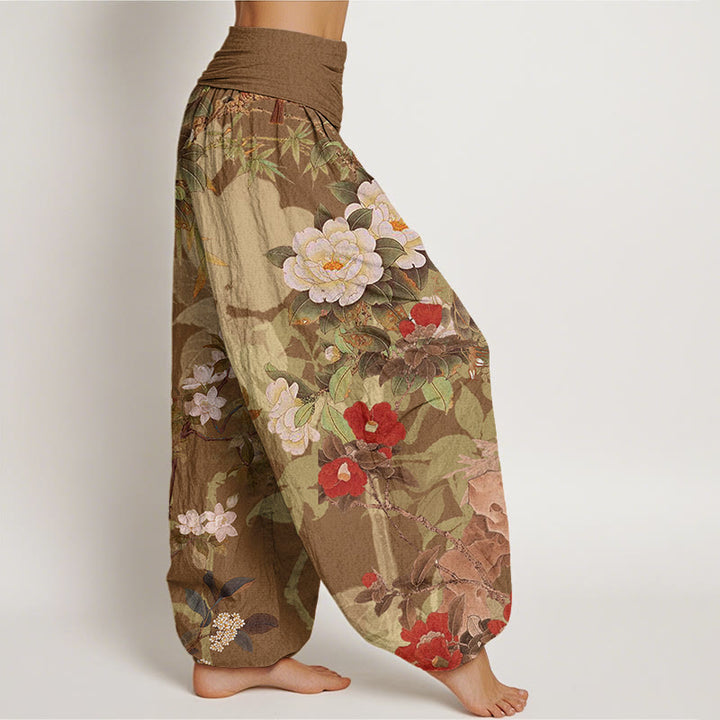 Pantaloni harem elastici in vita da donna Buddha Stones, fiori di peonia casual, foglie e gazza - image 5