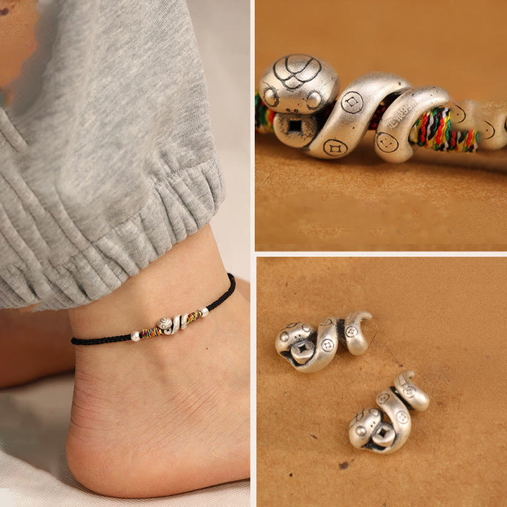 Cavigliera con corda rossa in argento sterling 999, anno del serpente, Buddha Stones