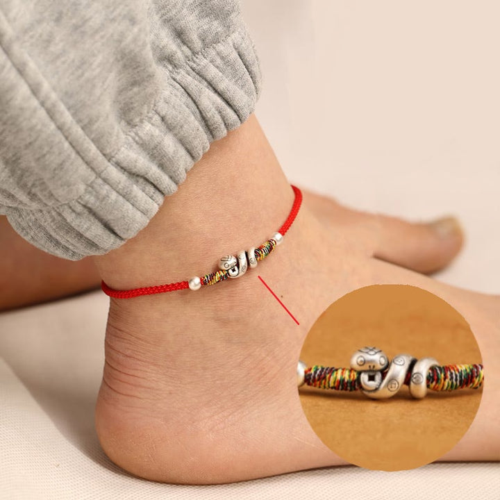 Cavigliera con corda rossa in argento sterling 999, anno del serpente, Buddha Stones