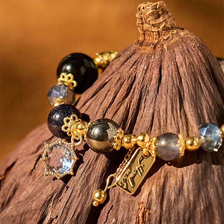 Bracciale Buddha Stones Naturale Ossidiana Nera Ematite Blu Arenaria Forza