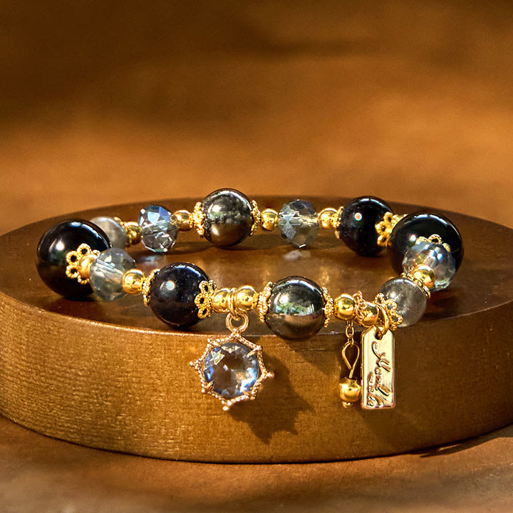 Bracciale Buddha Stones Naturale Ossidiana Nera Ematite Blu Arenaria Forza