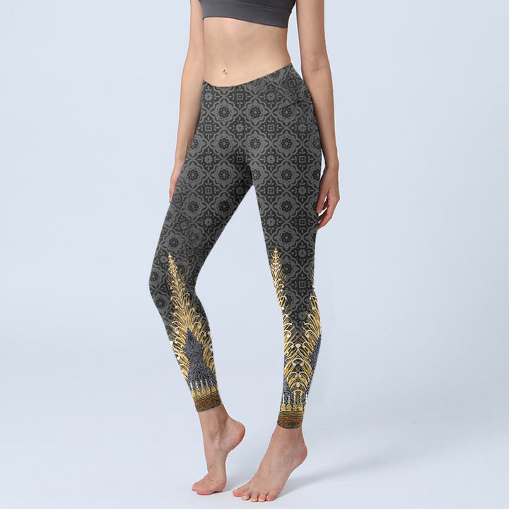 Leggings da palestra con stampa geometrica di piume dorate e grigio scuro Buddha Stones, pantaloni da yoga da donna