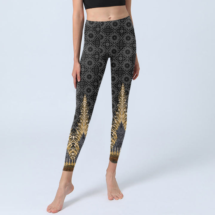 Leggings da palestra con stampa geometrica di piume dorate e grigio scuro Buddha Stones, pantaloni da yoga da donna