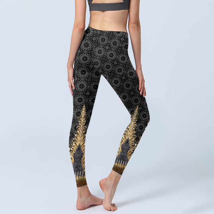Leggings da palestra con stampa geometrica di piume dorate e grigio scuro Buddha Stones, pantaloni da yoga da donna