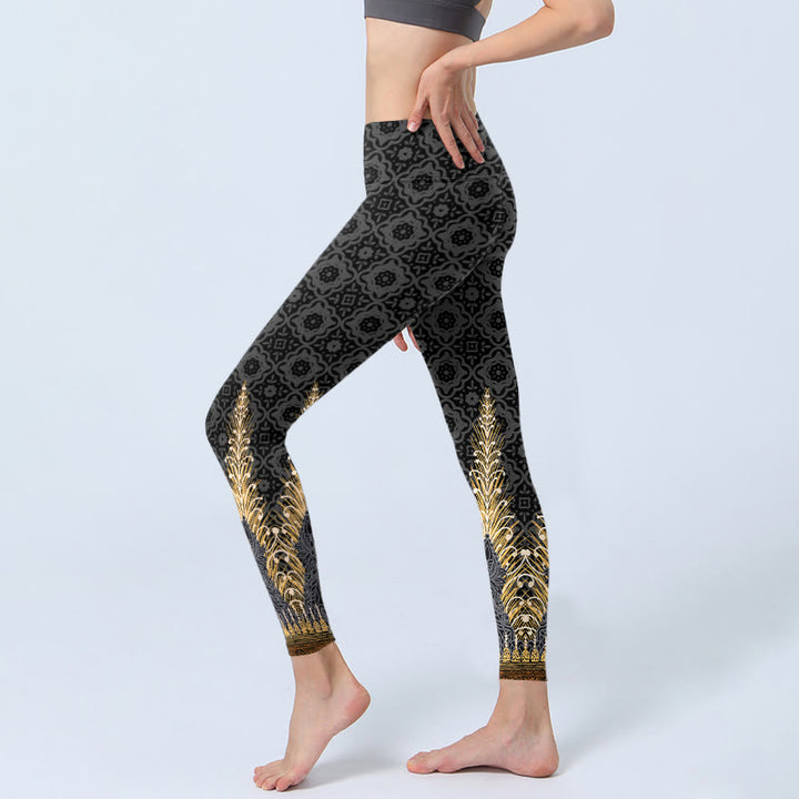 Leggings da palestra con stampa geometrica di piume dorate e grigio scuro Buddha Stones, pantaloni da yoga da donna