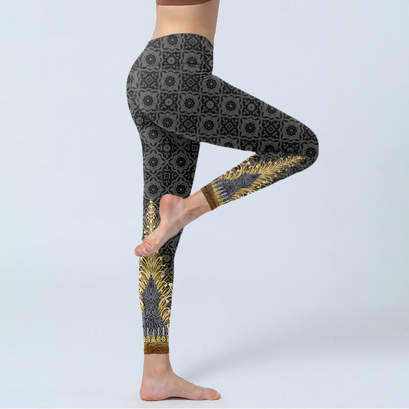 Leggings da palestra con stampa geometrica di piume dorate e grigio scuro Buddha Stones, pantaloni da yoga da donna - image 4