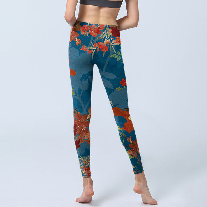 Leggings da palestra con stampa Buddha Stones, fiori rossi e blu, uccelli, pantaloni da yoga da donna - image 7