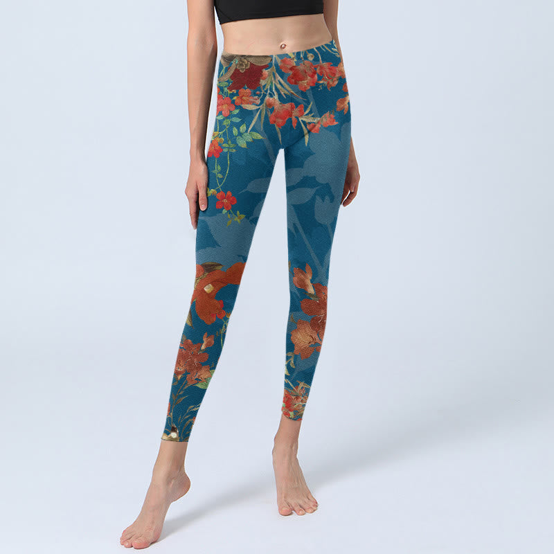 Leggings da palestra con stampa Buddha Stones, fiori rossi e blu, uccelli, pantaloni da yoga da donna