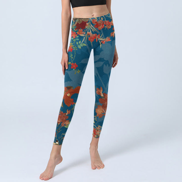 Leggings da palestra con stampa Buddha Stones, fiori rossi e blu, uccelli, pantaloni da yoga da donna