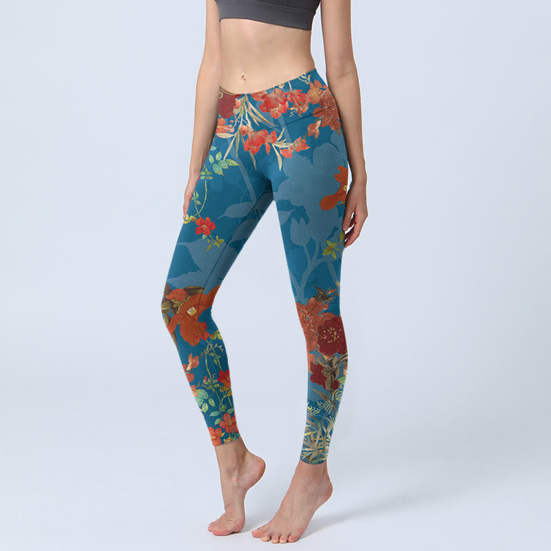 Leggings da palestra con stampa Buddha Stones, fiori rossi e blu, uccelli, pantaloni da yoga da donna - SteelBlue - US18, UK/AU22, EU50 (4XL) - image 0