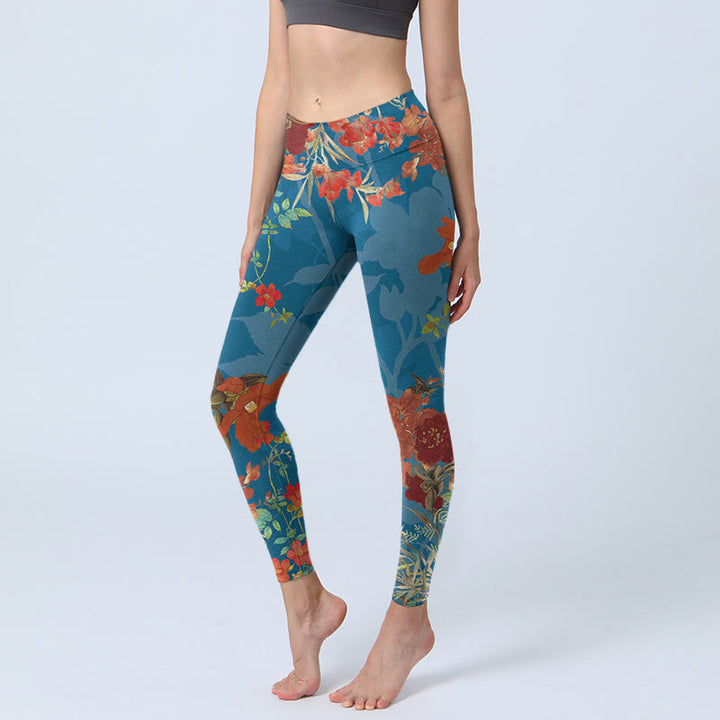 Leggings da palestra con stampa Buddha Stones, fiori rossi e blu, uccelli, pantaloni da yoga da donna