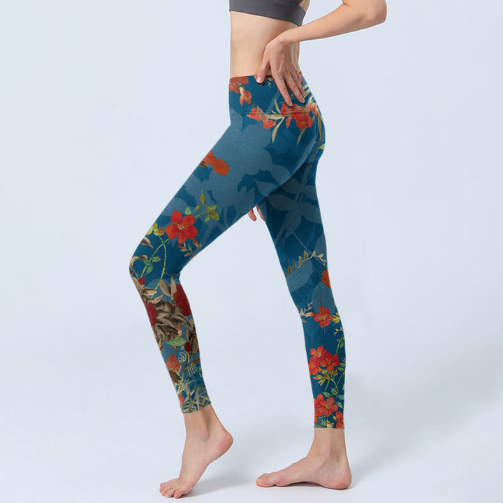 Leggings da palestra con stampa Buddha Stones, fiori rossi e blu, uccelli, pantaloni da yoga da donna