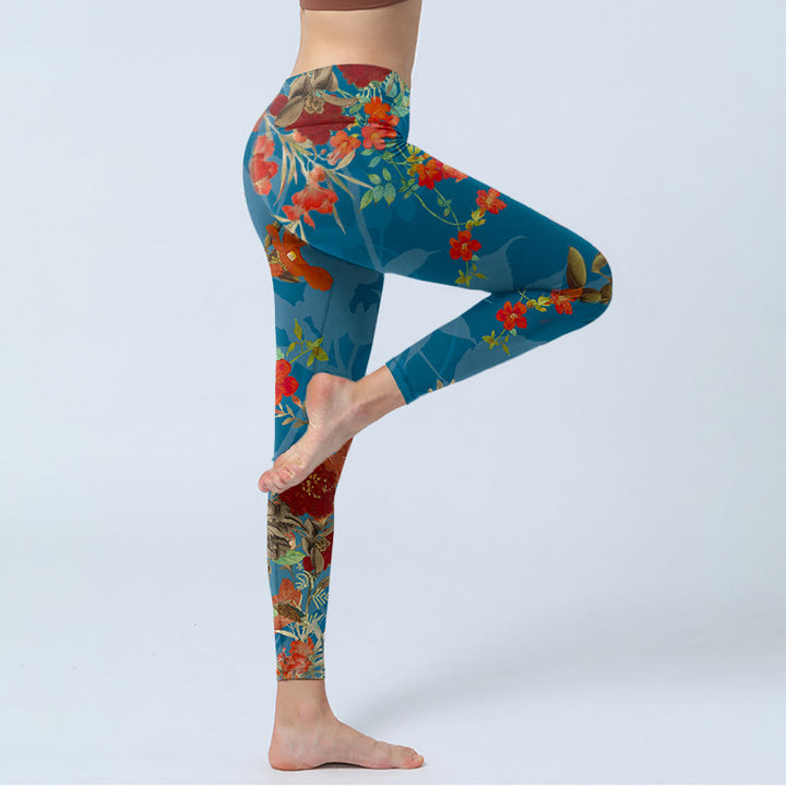 Leggings da palestra con stampa Buddha Stones, fiori rossi e blu, uccelli, pantaloni da yoga da donna