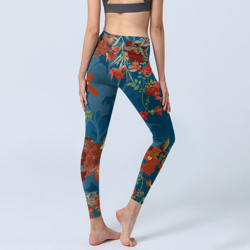 Leggings da palestra con stampa Buddha Stones, fiori rossi e blu, uccelli, pantaloni da yoga da donna