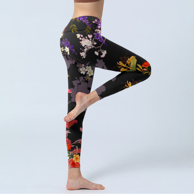 Leggings da palestra con stampa di fiori colorati neri Buddha Stones da donna Pantaloni da yoga