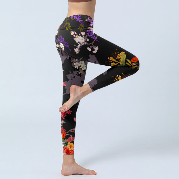 Leggings da palestra con stampa di fiori colorati neri Buddha Stones da donna Pantaloni da yoga