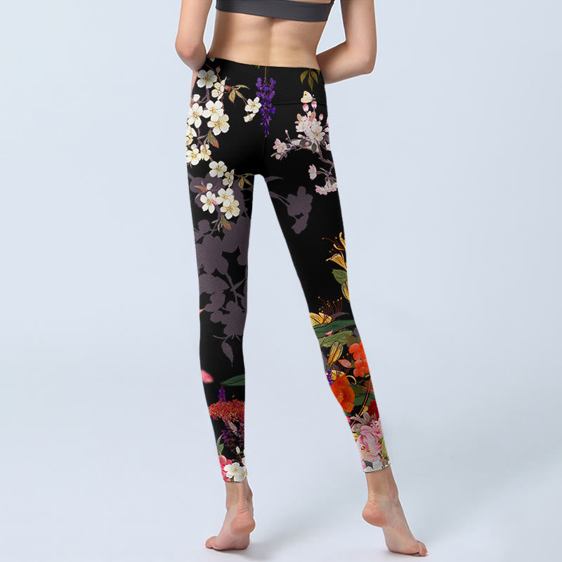Leggings da palestra con stampa di fiori colorati neri Buddha Stones da donna Pantaloni da yoga