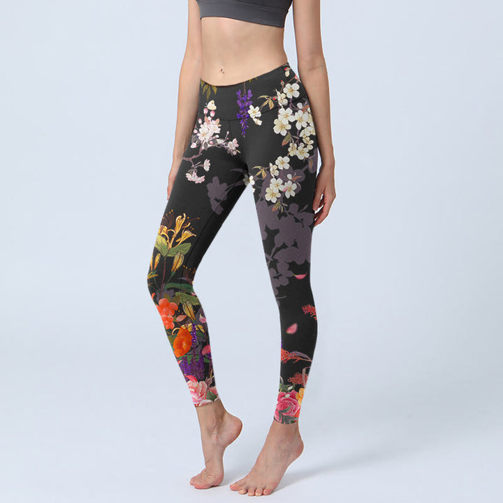 Leggings da palestra con stampa di fiori colorati neri Buddha Stones da donna Pantaloni da yoga