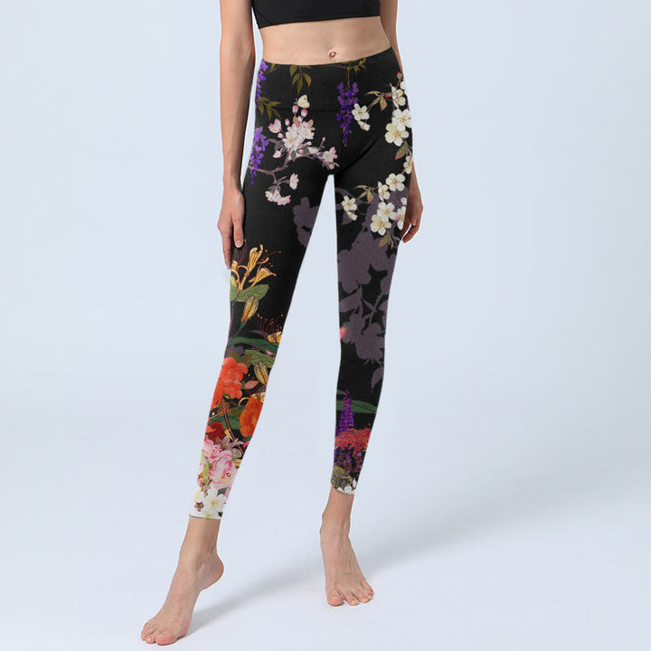 Leggings da palestra con stampa di fiori colorati neri Buddha Stones da donna Pantaloni da yoga