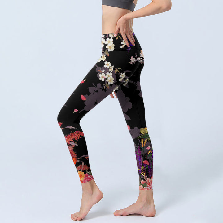 Leggings da palestra con stampa di fiori colorati neri Buddha Stones da donna Pantaloni da yoga
