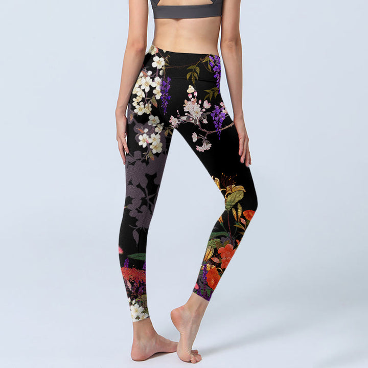 Leggings da palestra con stampa di fiori colorati neri Buddha Stones da donna Pantaloni da yoga