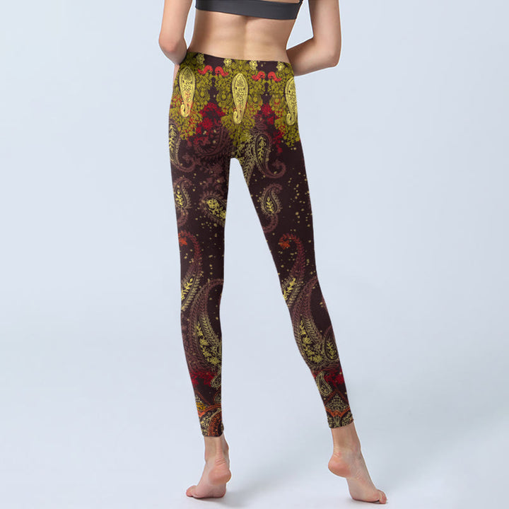Leggings da palestra con stampa di fiori di anacardi e Buddha Stones, pantaloni da yoga da donna