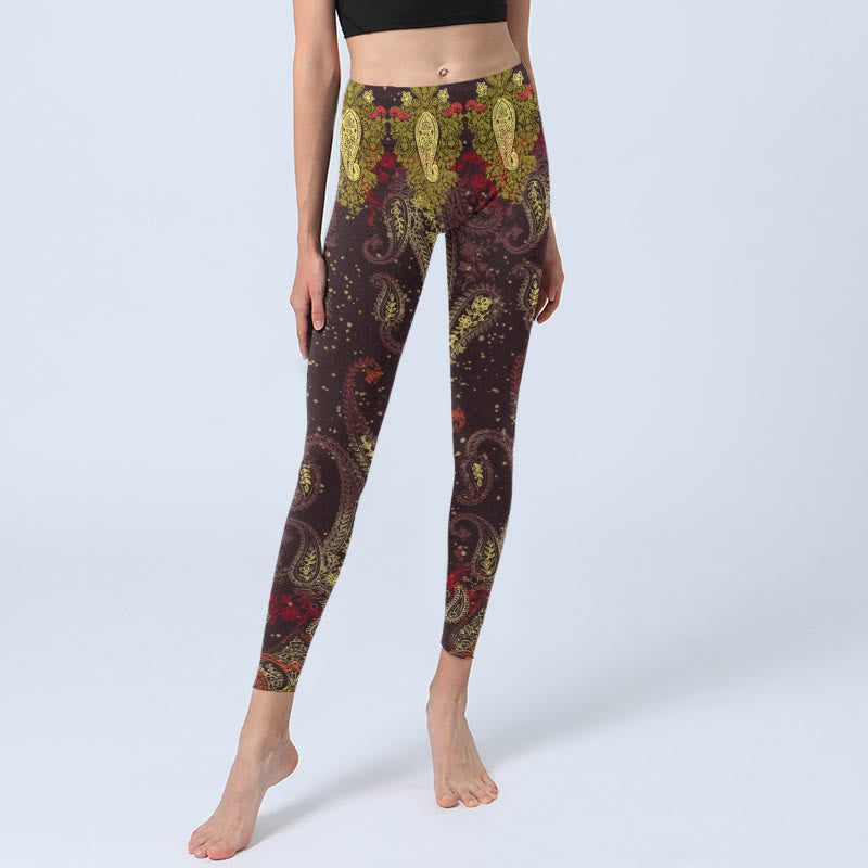 Leggings da palestra con stampa di fiori di anacardi e Buddha Stones, pantaloni da yoga da donna