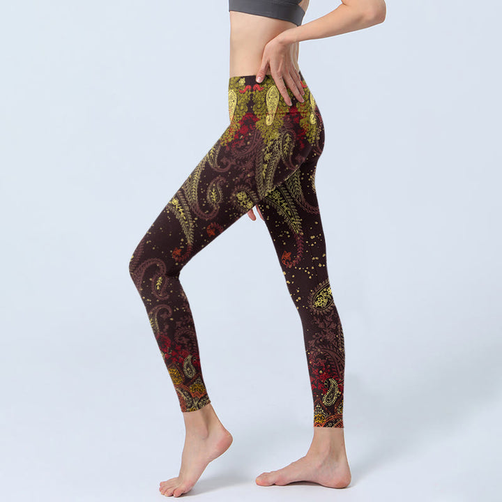 Leggings da palestra con stampa di fiori di anacardi e Buddha Stones, pantaloni da yoga da donna