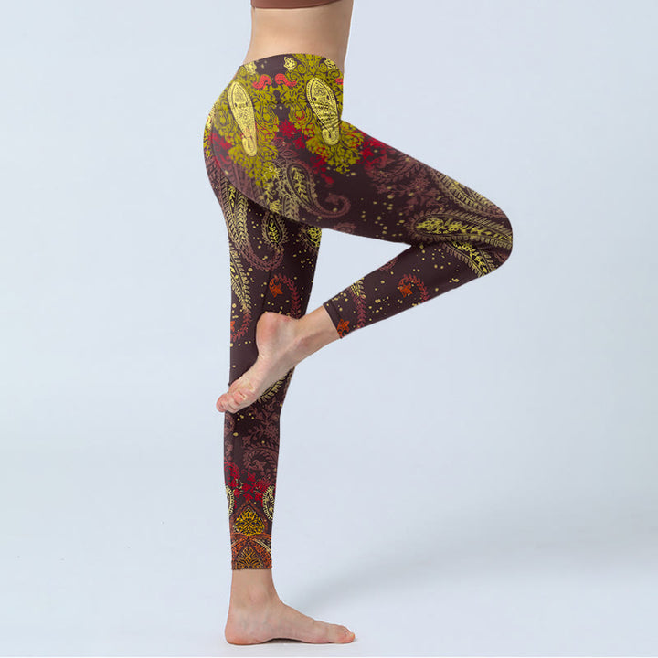 Leggings da palestra con stampa di fiori di anacardi e Buddha Stones, pantaloni da yoga da donna