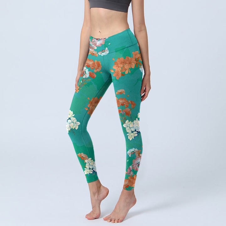 Leggings da palestra con stampa floreale beige e verde con Buddha Stones , pantaloni da yoga da donna - Turchese - US18, UK/AU22, EU50 (4XL) - image 1