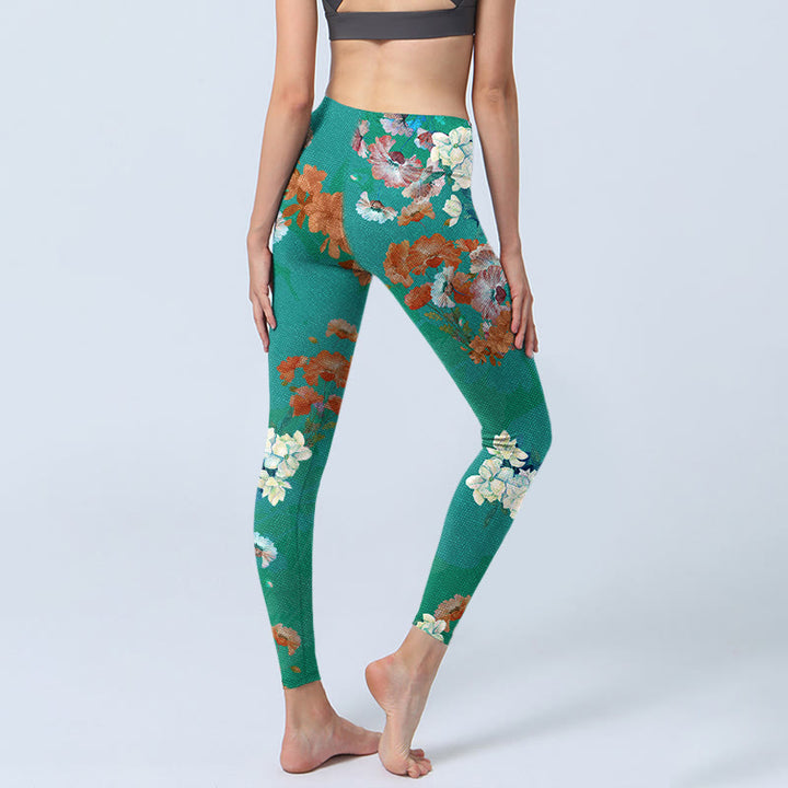 Leggings da palestra con stampa floreale beige e verde con Buddha Stones , pantaloni da yoga da donna