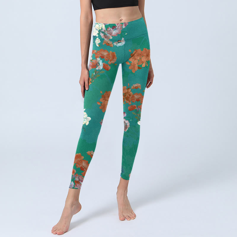 Leggings da palestra con stampa floreale beige e verde con Buddha Stones , pantaloni da yoga da donna
