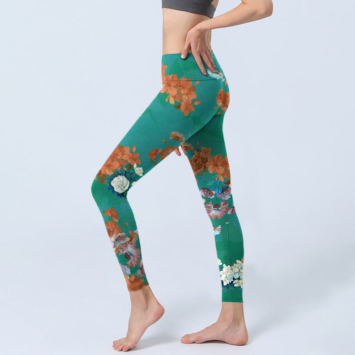 Leggings da palestra con stampa floreale beige e verde con Buddha Stones , pantaloni da yoga da donna