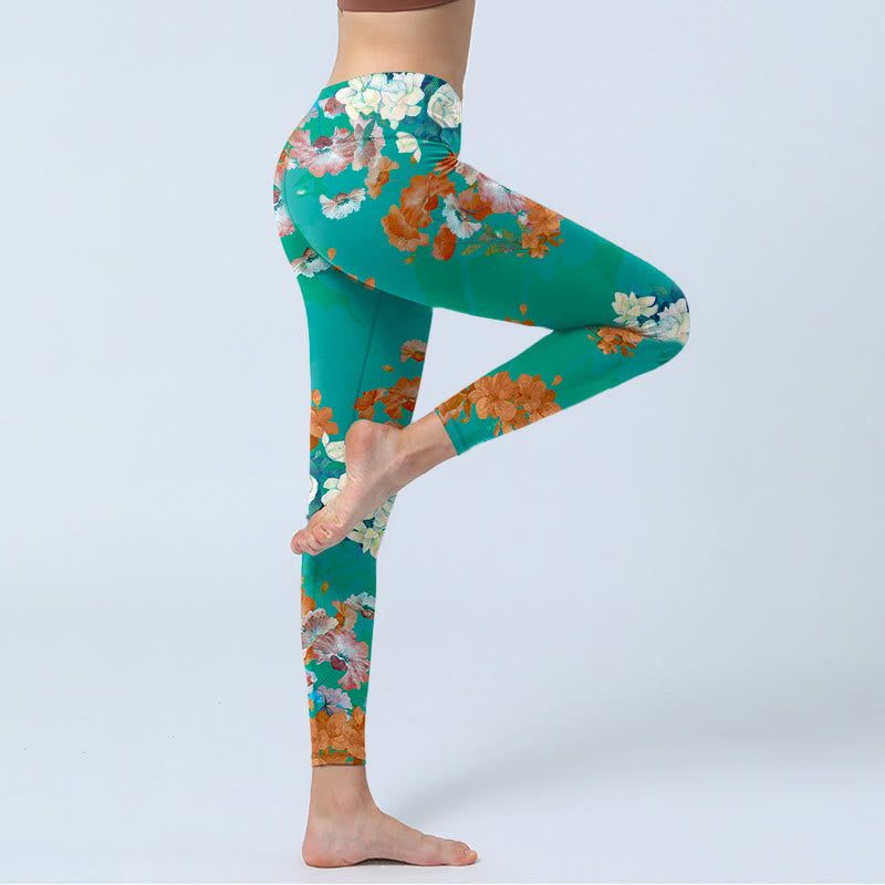 Leggings da palestra con stampa floreale beige e verde con Buddha Stones , pantaloni da yoga da donna - image 3