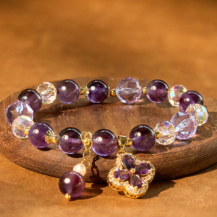 Braccialetto di guarigione spirituale a forma di quadrifoglio con cristallo di ametista naturale Buddha Stones