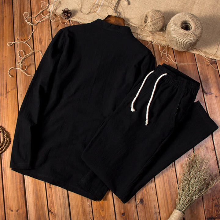 Set di abbigliamento da uomo con pantaloni e maglietta a maniche lunghe in cotone e lino color puro Buddha Stones - image 11