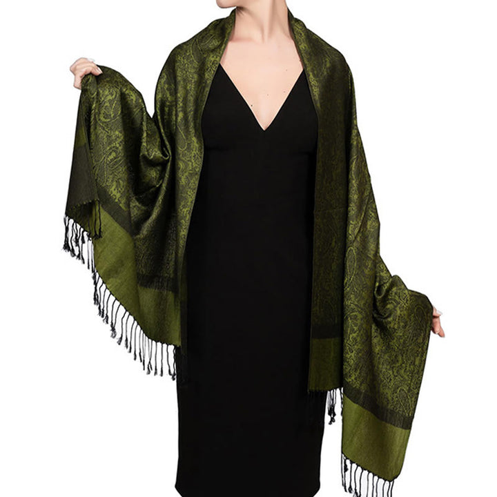 Scialle con nappe in jacquard di anacardi tibetani e Buddha Stones, primavera, autunno, inverno, caldo e accogliente, sciarpa avvolgente - Verde oliva 180*70cm - image 23