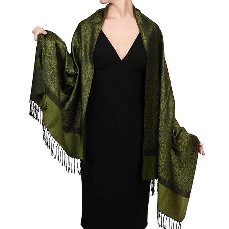 Sciarpa/stola con nappe in jacquard di anacardi tibetani e Buddha Stones, calda e accogliente, ideale per primavera, autunno e inverno. - Verde oliva 180*70cm - image 23