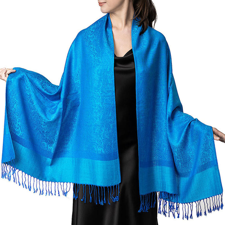 Sciarpa/stola con nappe in jacquard di anacardi tibetani e Buddha Stones, calda e accogliente, ideale per primavera, autunno e inverno. - Blu cielo intenso 180*70 cm - image 47