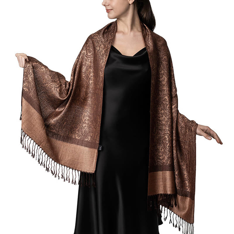 Sciarpa/stola con nappe in jacquard di anacardi tibetani e Buddha Stones, calda e accogliente, ideale per primavera, autunno e inverno. - Verga d'oro scura 180*70 cm - image 1
