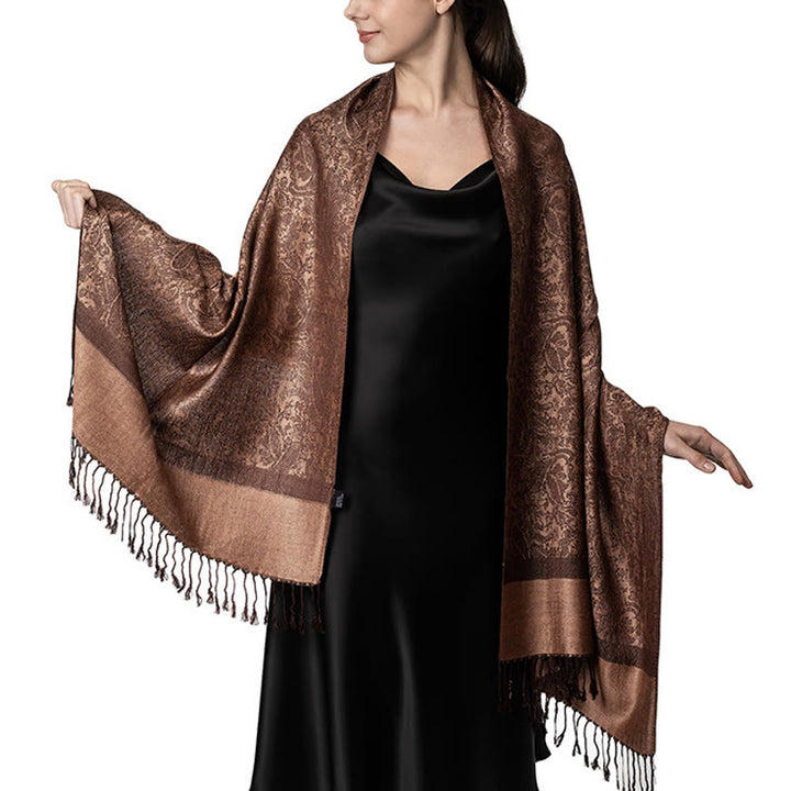 Sciarpa/stola con nappe in jacquard di anacardi tibetani e Buddha Stones, calda e accogliente, ideale per primavera, autunno e inverno. - Verga d'oro scura 180*70 cm - image 1